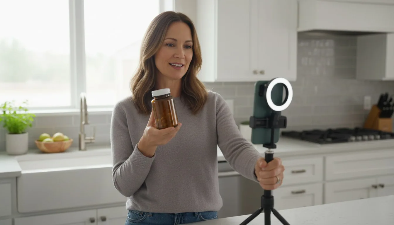 A creator filming a supplement testimonial on a phone in a bright kitchen with a ring light