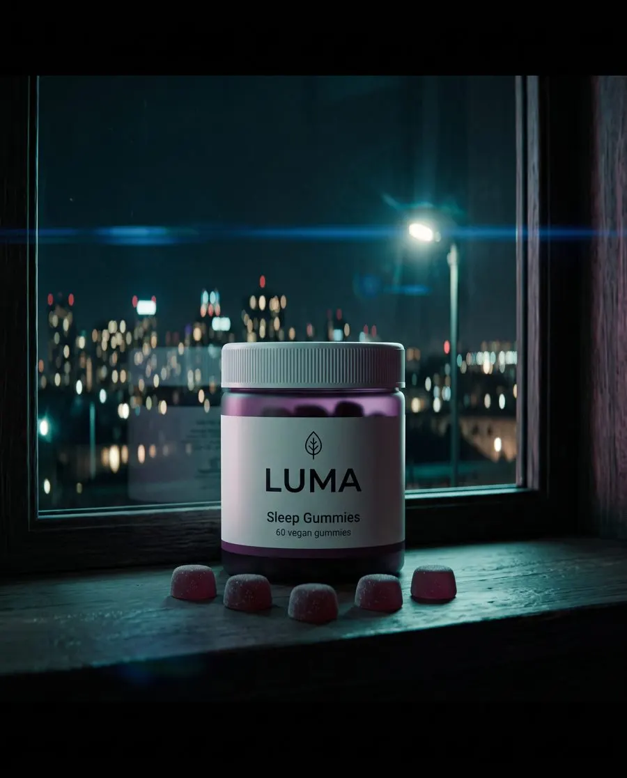 Anamorphic broadcast look example with the LUMA Sleep Gummies jar
