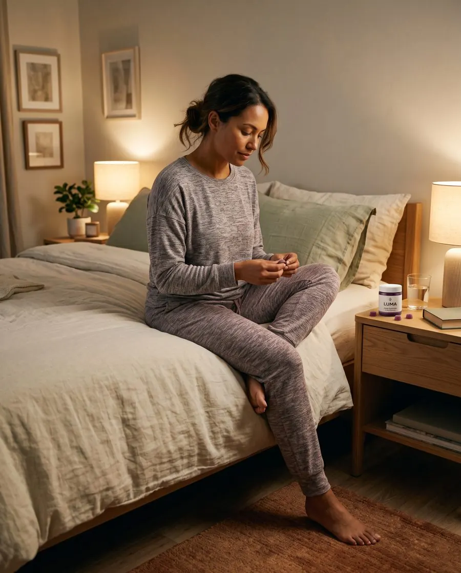 Lifestyle wide example with the LUMA Sleep Gummies jar