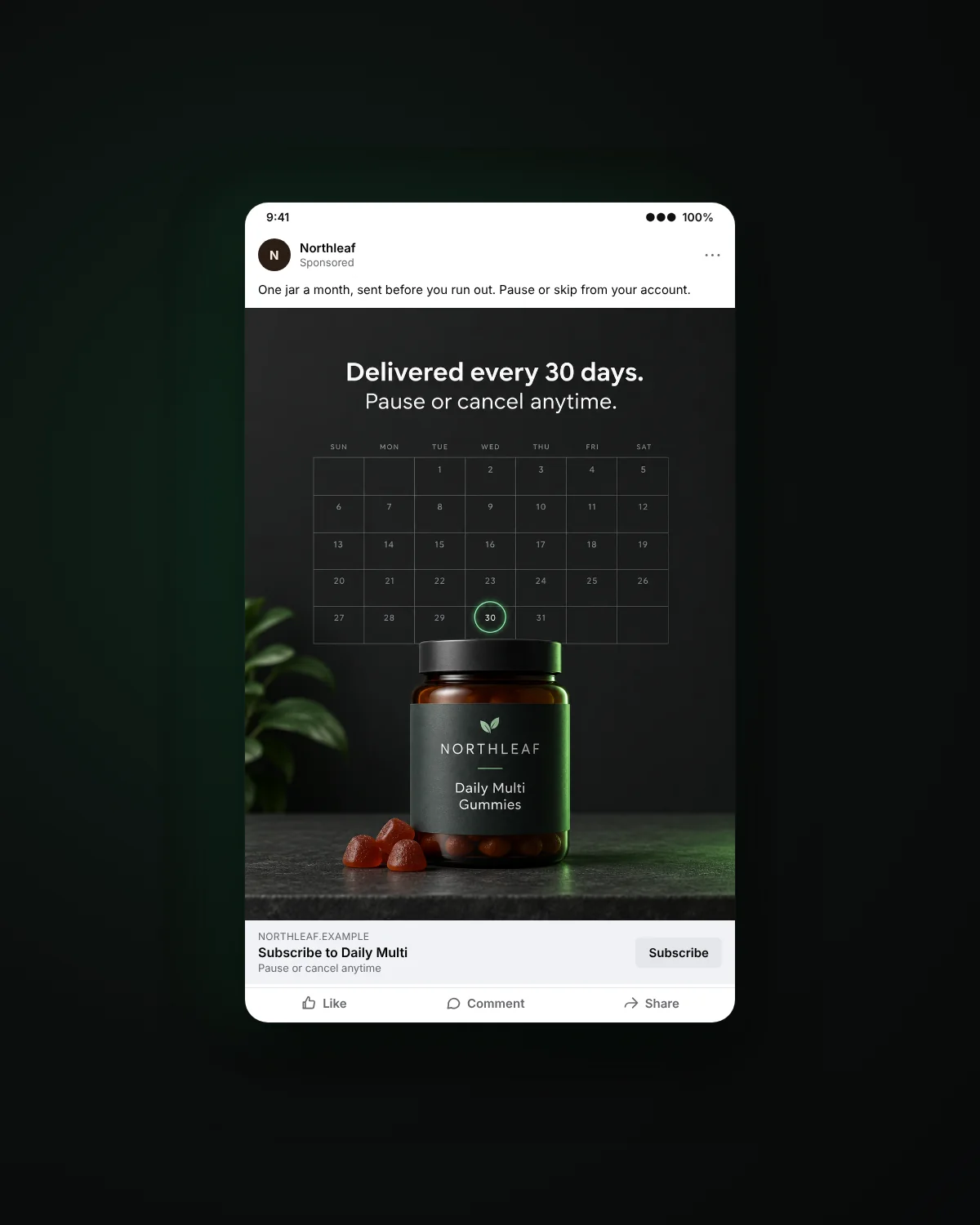 Feed ad mockup: subscribe and save static ad with a calendar