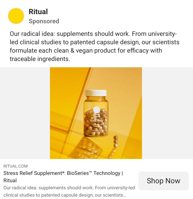 Ritual Meta ad: Stress Relief bottle on a bright yellow set