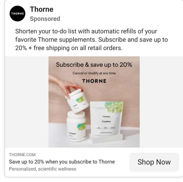 Thorne Meta ad: Subscribe and save up to 20%, cancel or modify at any time