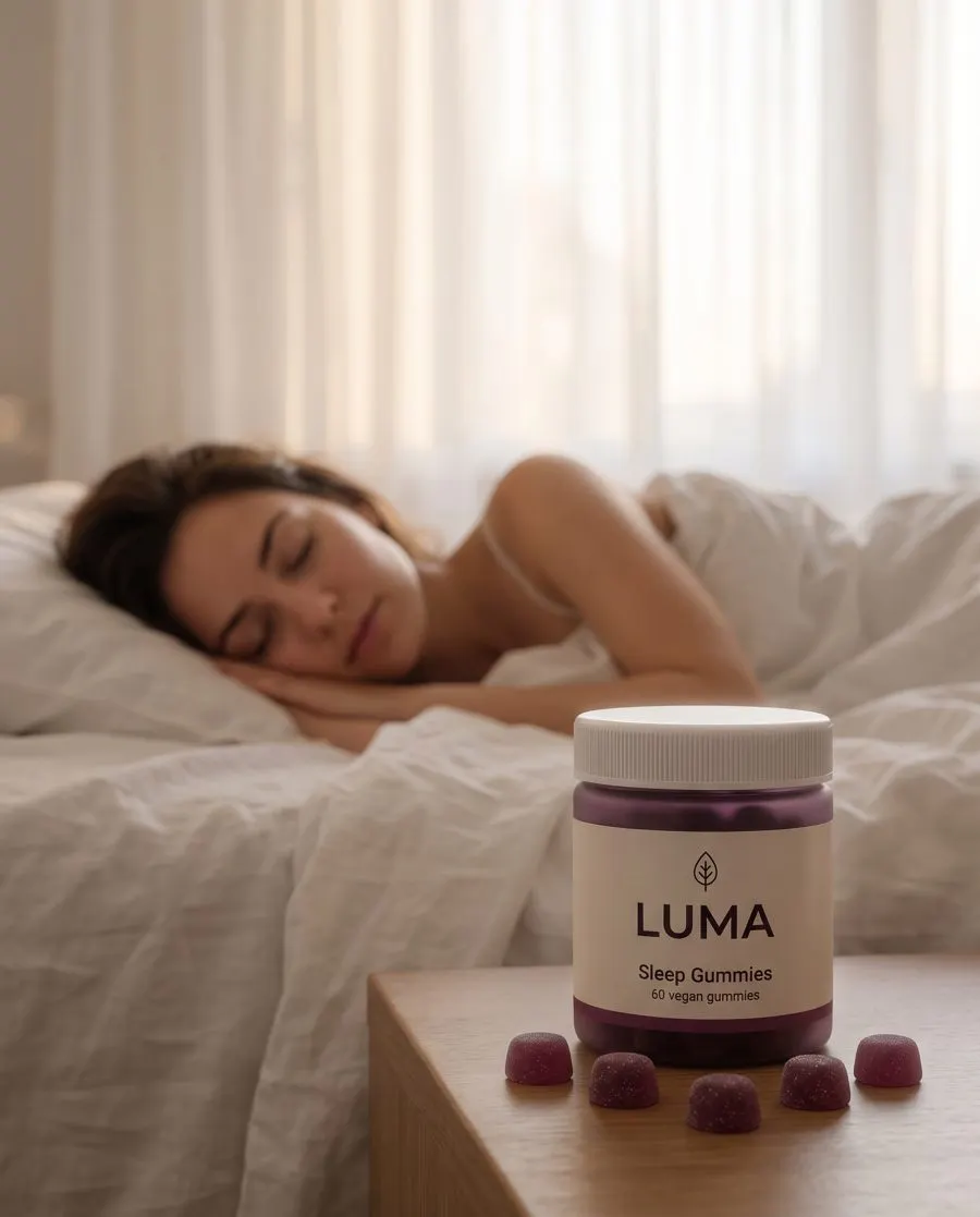 Soft-focus calm example with the LUMA Sleep Gummies jar