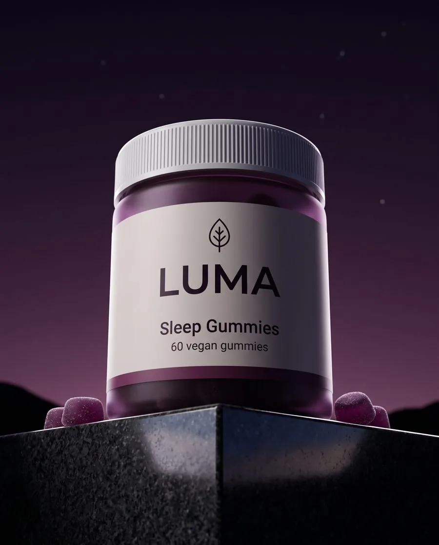 Low-angle hero example with the LUMA Sleep Gummies jar
