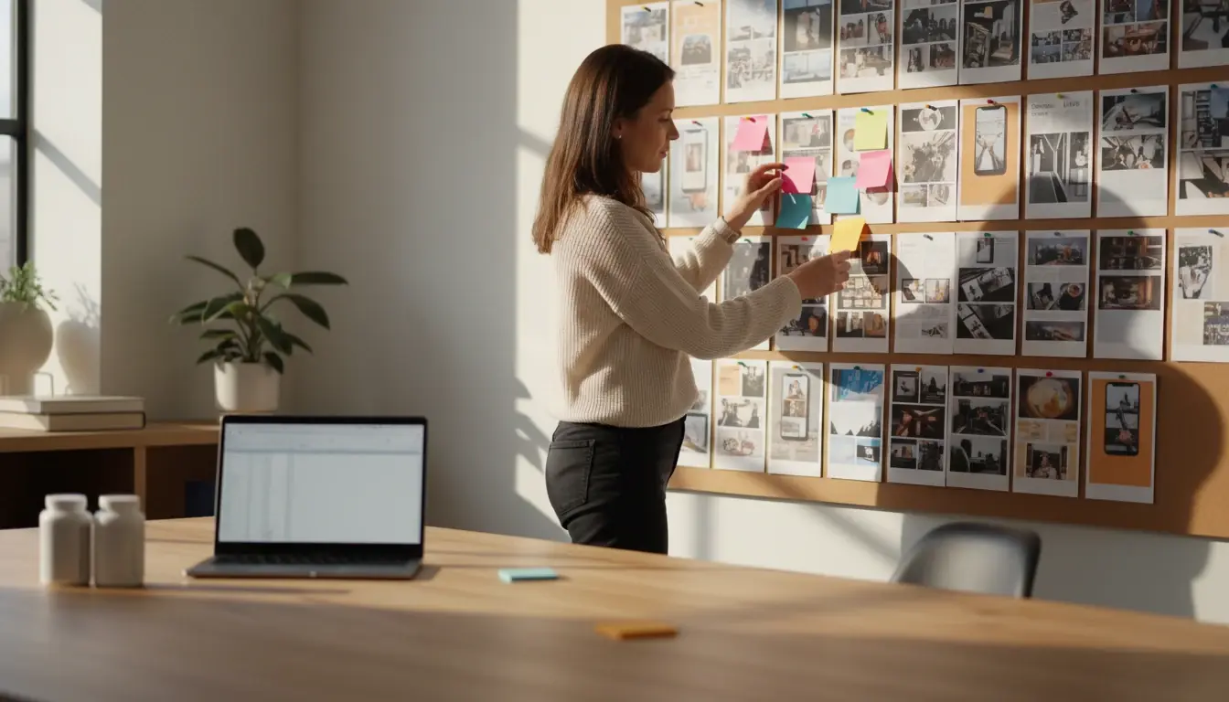 A marketer sorting printed ad stills on a board into groups with colored sticky notes, a laptop beside her
