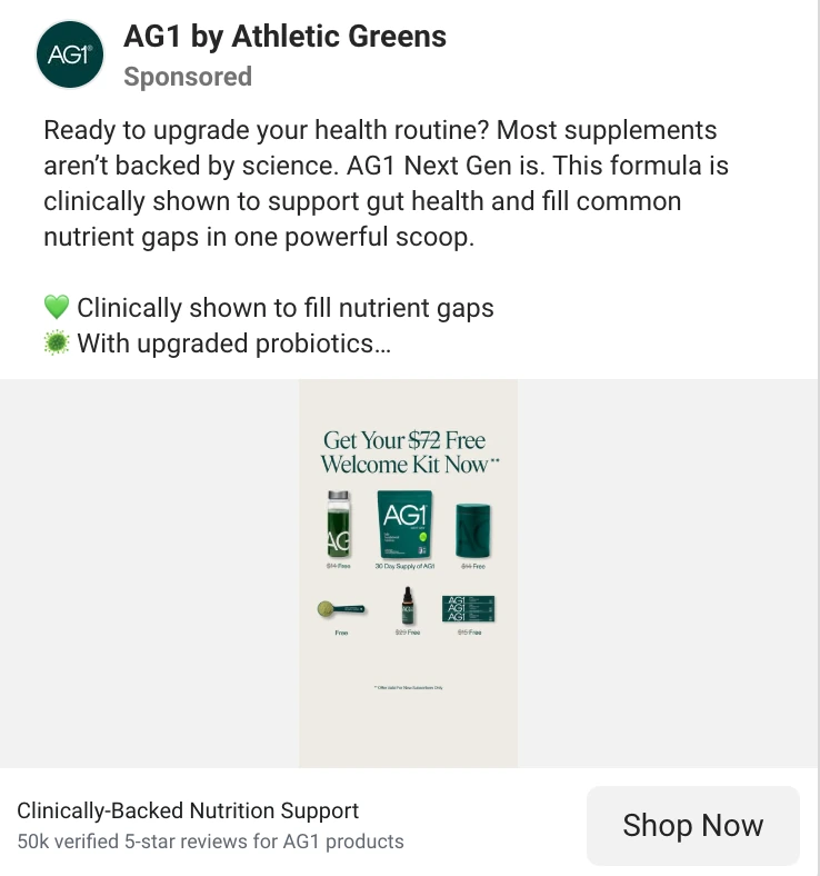 AG1 Meta ad: Get your $72 free welcome kit now