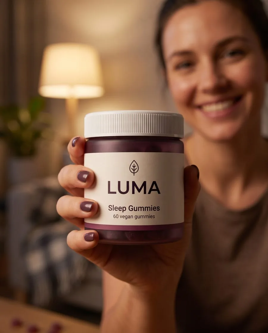 Rack focus handoff example with the LUMA Sleep Gummies jar