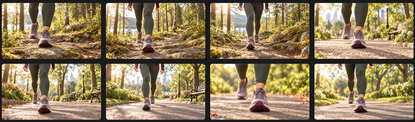 Eight rounds of the opening walk shot, from forest trail to city park
