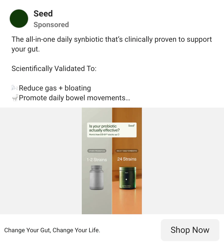 Seed Meta ad: Is your probiotic actually effective? Other probiotics 1-2 strains vs DS-01 24 strains