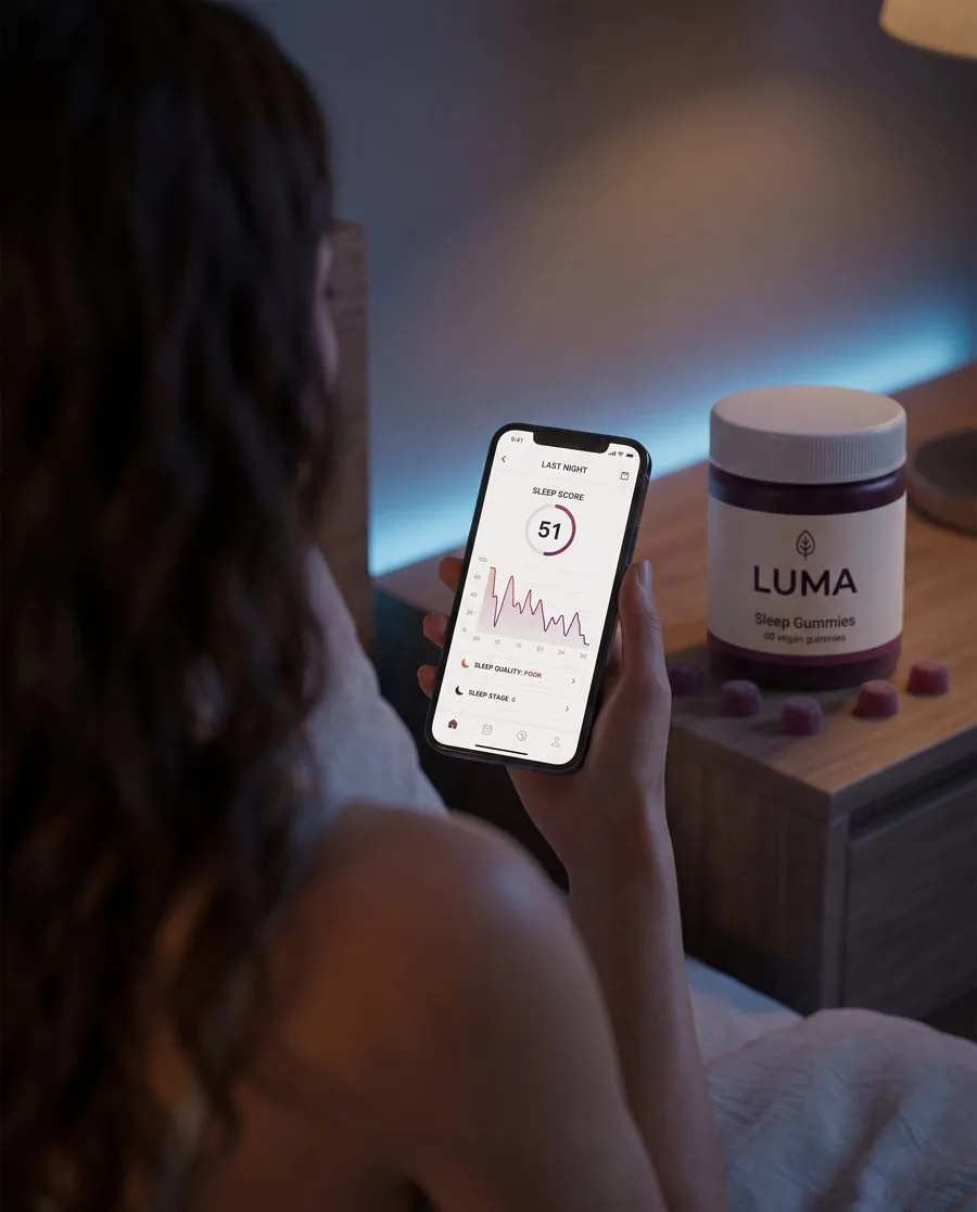 Over-the-shoulder example with the LUMA Sleep Gummies jar