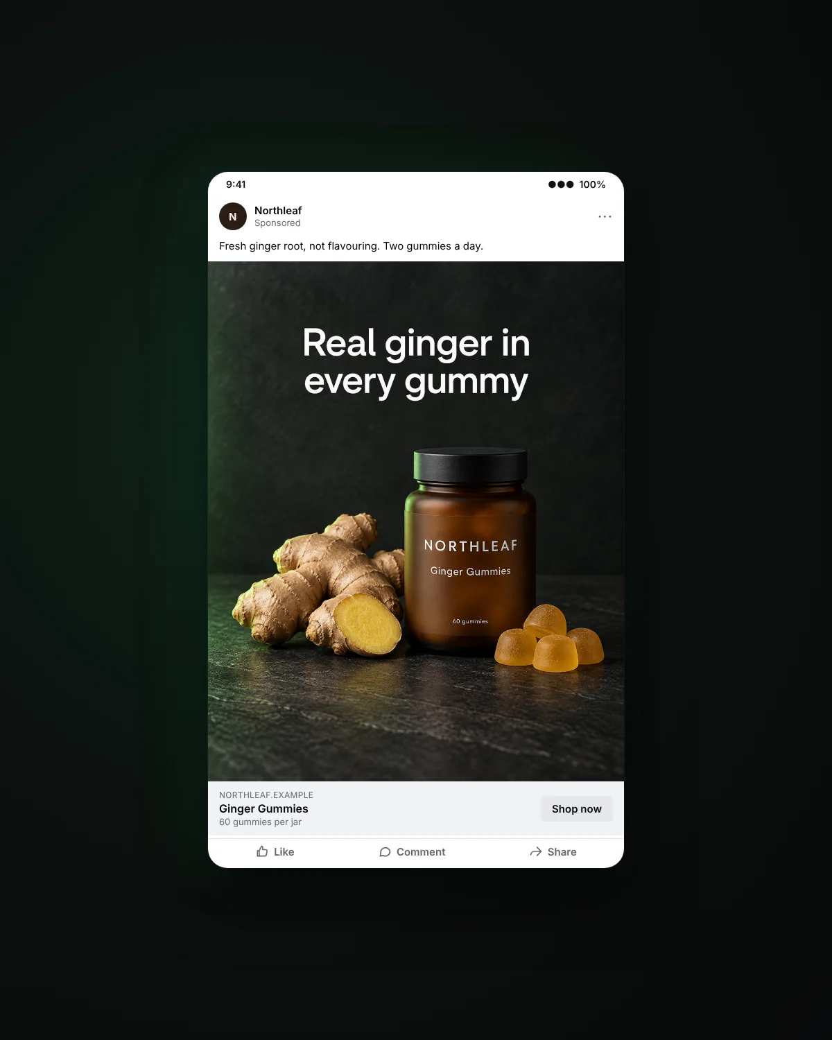 Feed ad mockup: ingredient spotlight with fresh ginger beside ginger gummies