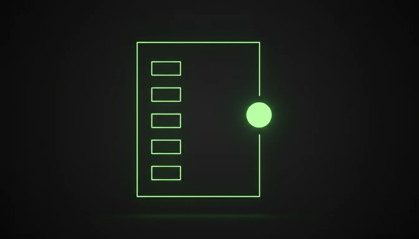 Green illuminated one-page creative brief checklist on a dark background