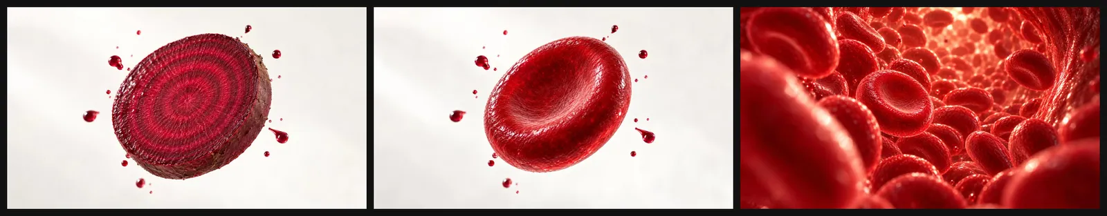 A beet slice turning into a red blood cell, then flowing into the bloodstream