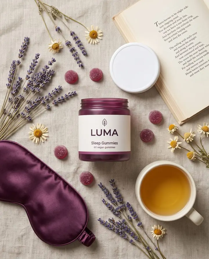 Overhead flat lay example with the LUMA Sleep Gummies jar
