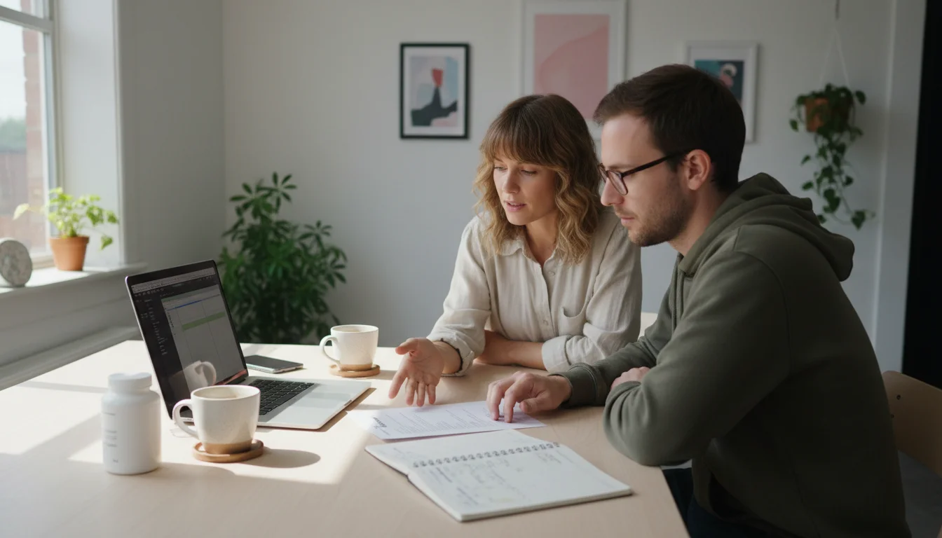 A creative strategist and an editor reviewing a one page brief together at a table