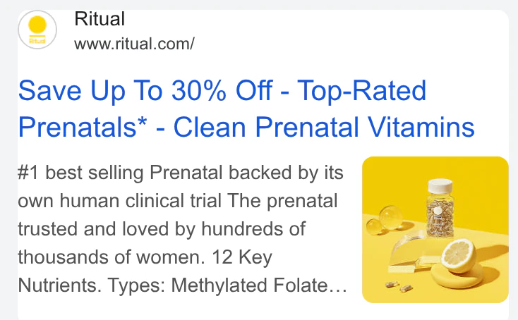 Ritual Google search ad: Save Up To 30% Off, Top-Rated Prenatals, Clean Prenatal Vitamins