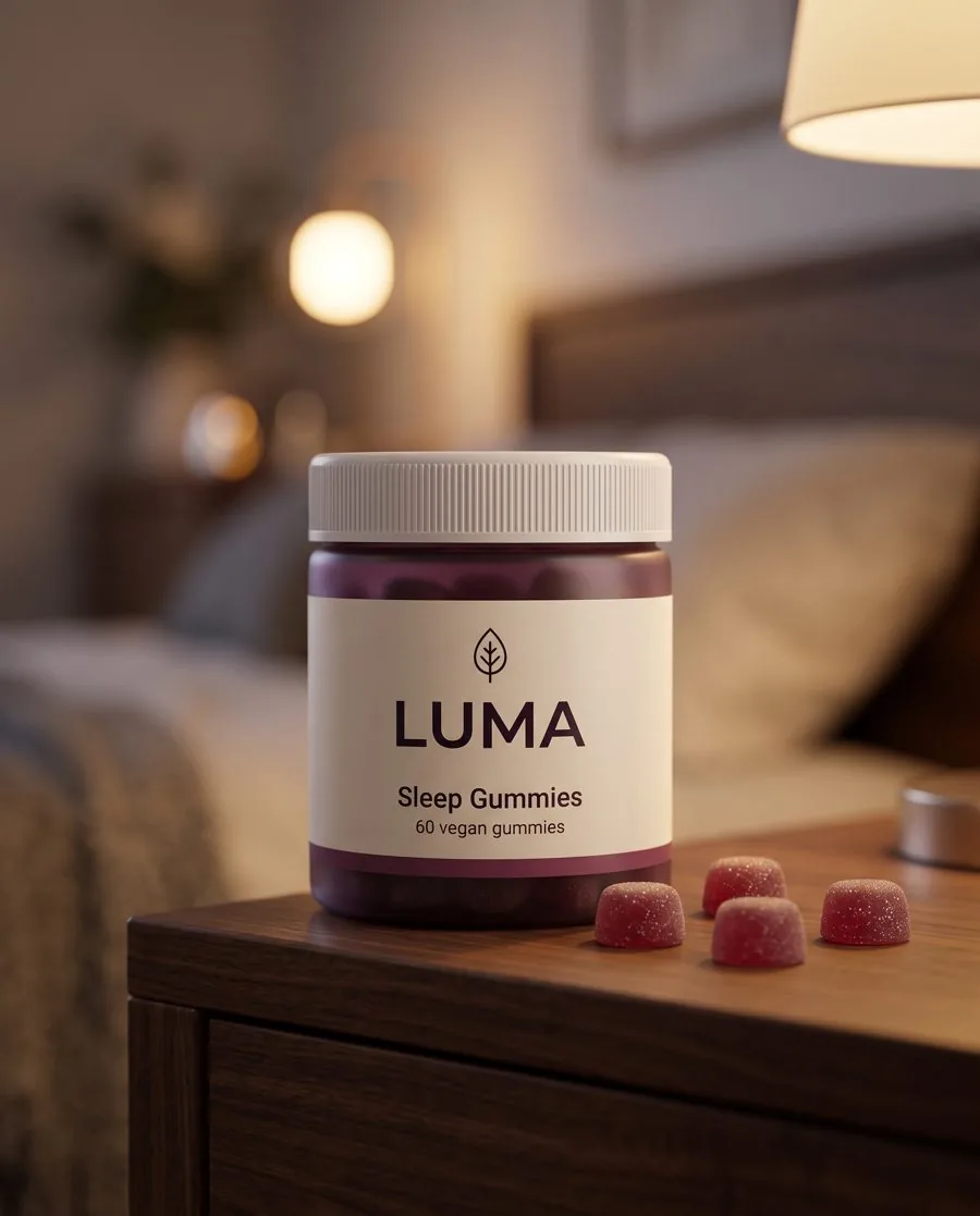 Shallow depth of field example with the LUMA Sleep Gummies jar
