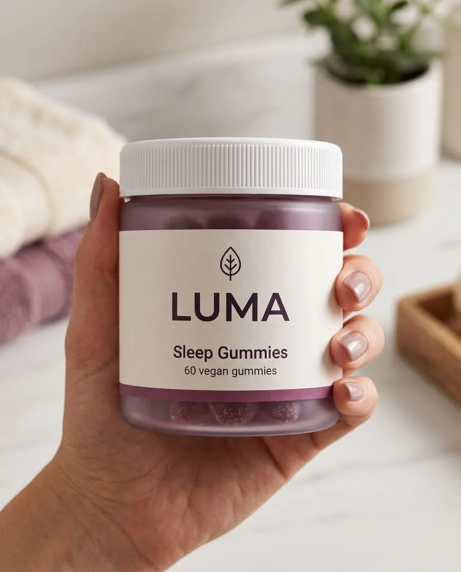 In-hand close-up example with the LUMA Sleep Gummies jar