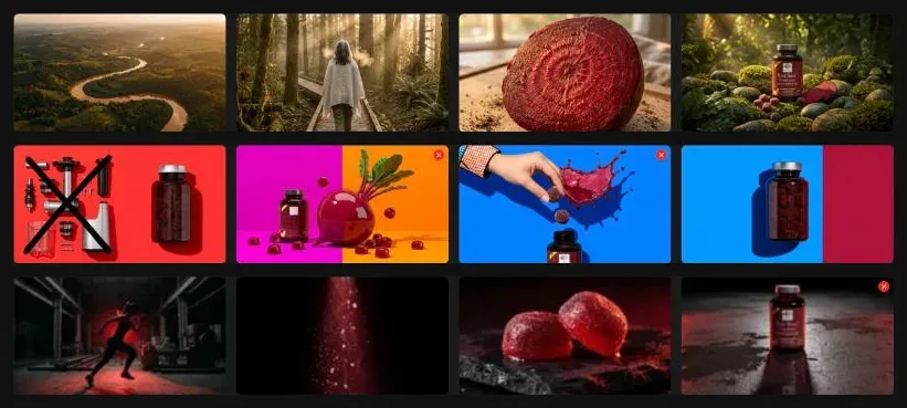 Three visual directions explored for the spot: nature, bold colour blocks, dark gym