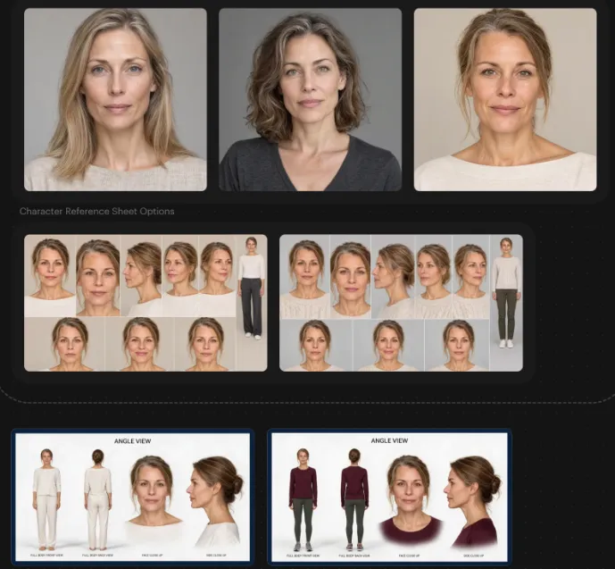 Casting references: portraits, character sheets and two outfit sheets