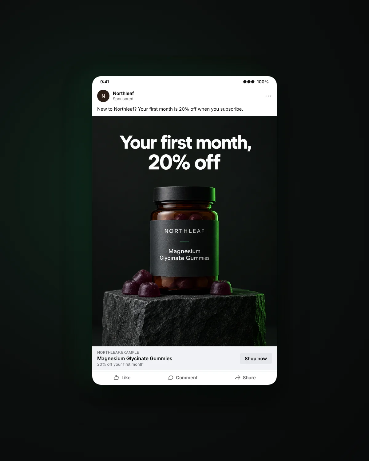 Feed ad mockup: offer static ad, first month 20% off