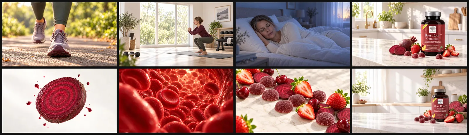 Eight storyboard keyframes for the Beet Root Gummies TV spot, one per voiceover line