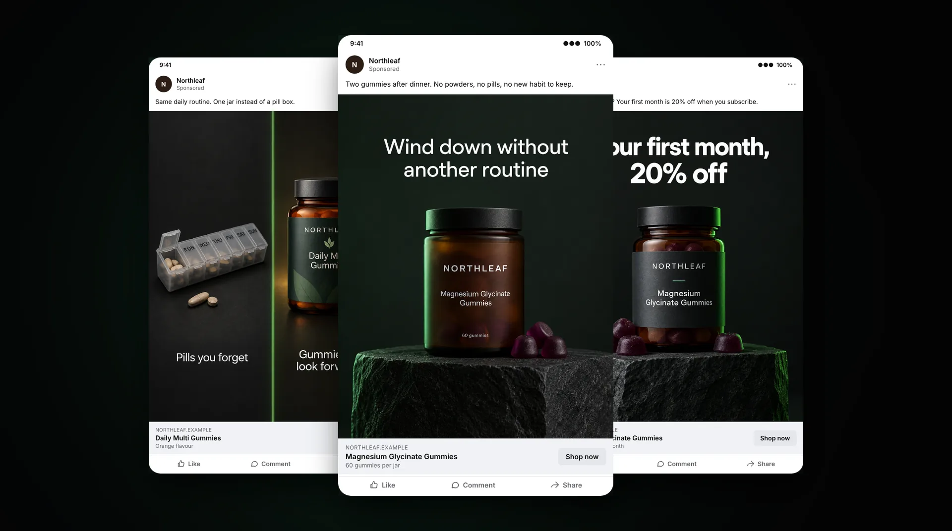 Three supplement feed ads for a fictional brand shown side by side