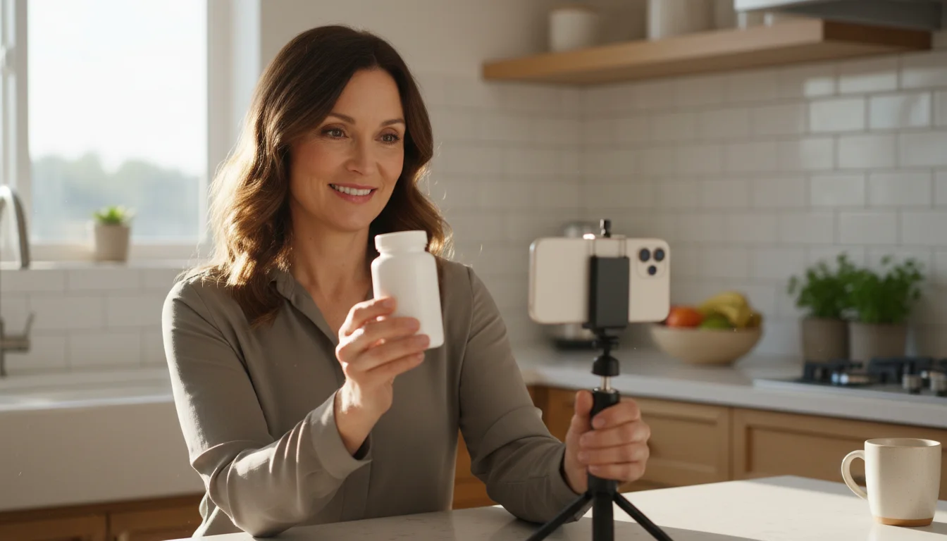 A creator filming a supplement testimonial on a phone in a kitchen