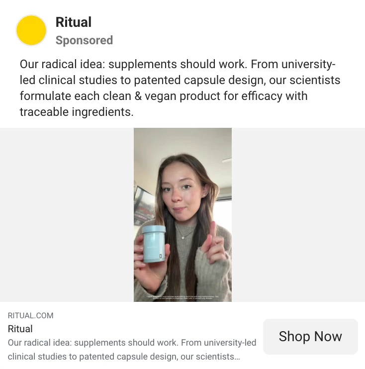 Ritual Meta ad with a creator holding a Ritual bottle and talking to camera