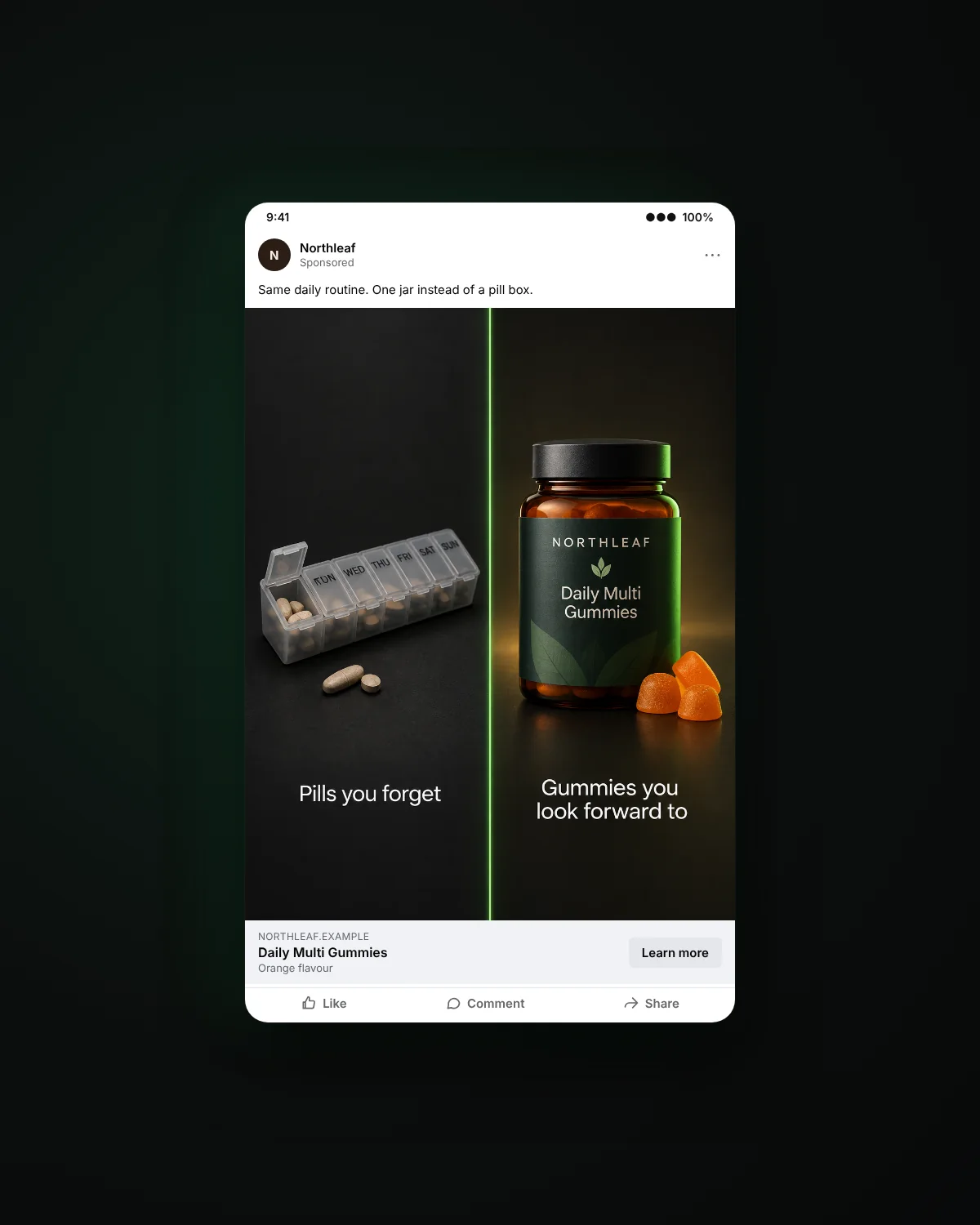 Feed ad mockup: comparison static ad, pill organiser versus gummy jar