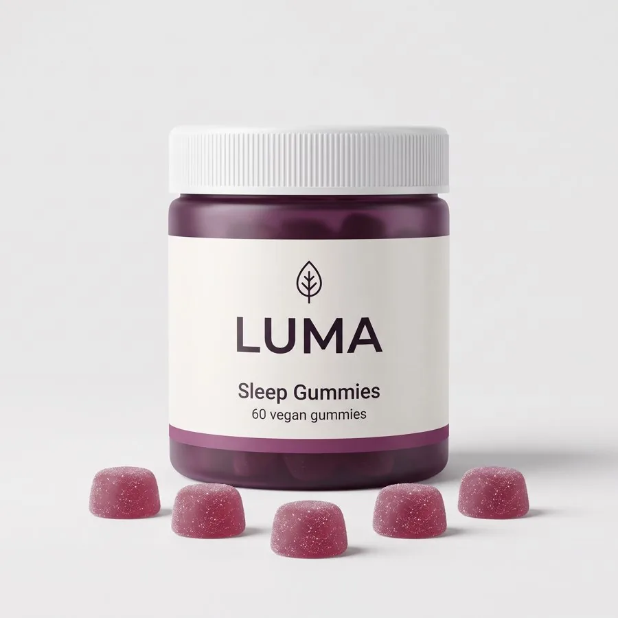 Product reference example with the LUMA Sleep Gummies jar