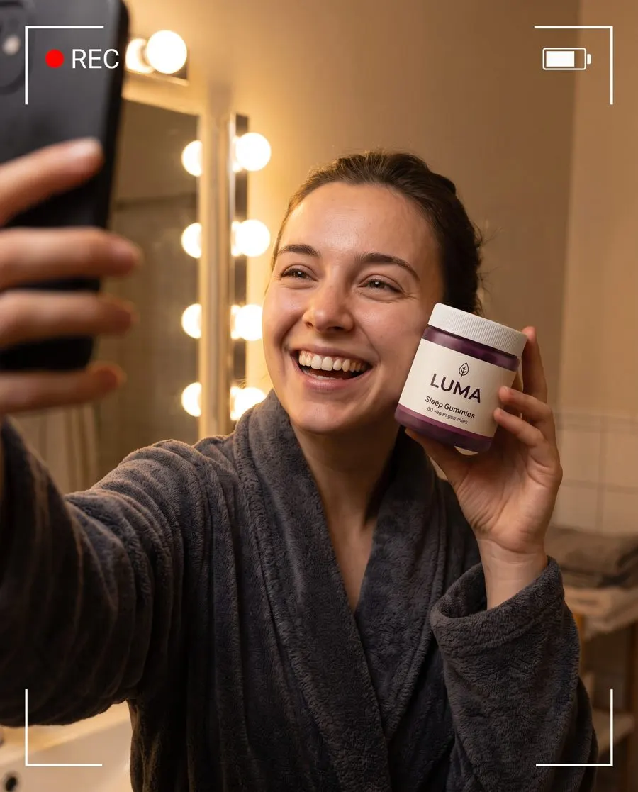 Handheld example with the LUMA Sleep Gummies jar
