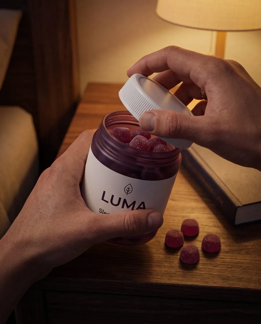POV routine example with the LUMA Sleep Gummies jar