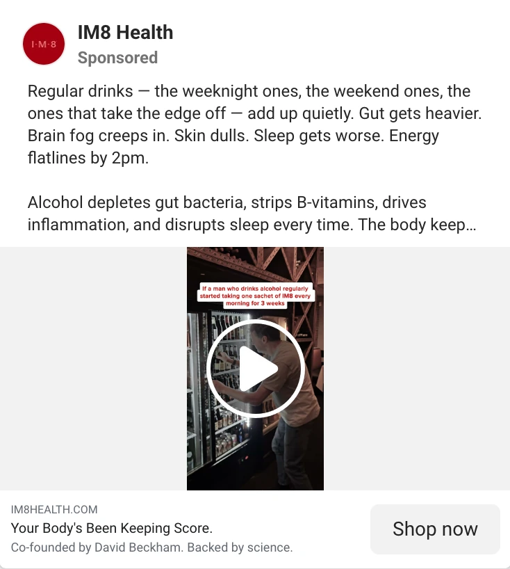 IM8 Meta ad: If a man who drinks alcohol regularly started taking one sachet of IM8 every morning for 3 weeks