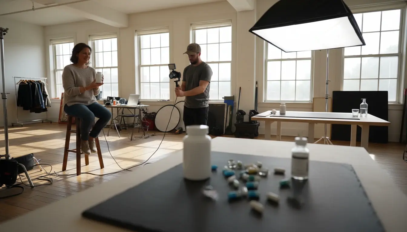 A small production set where a woman is filmed on a phone rig holding a plain supplement bottle while a tabletop product shot is set up nearby