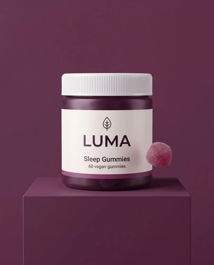 Locked-off static example with the LUMA Sleep Gummies jar