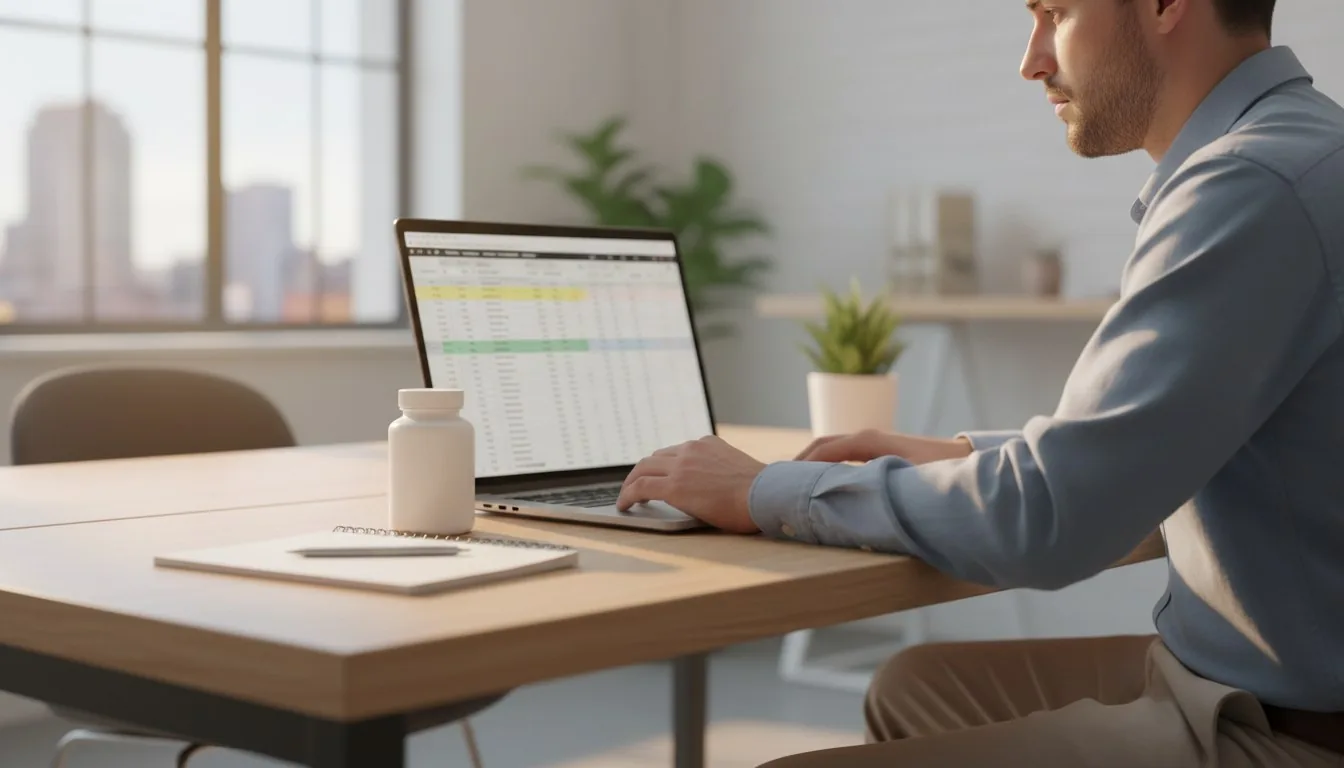 A performance marketer reviewing ad results in a spreadsheet on a laptop next to a plain supplement bottle