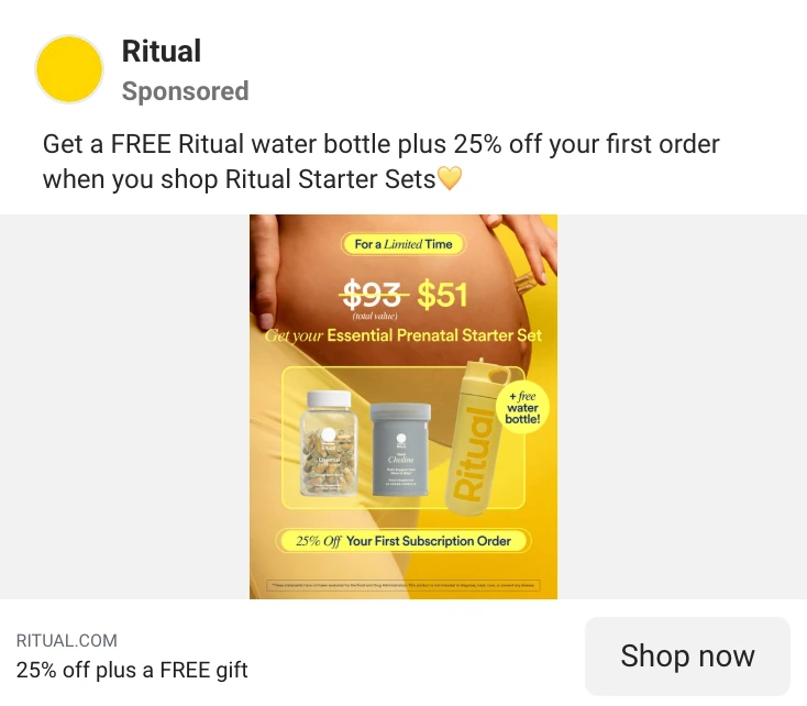 Ritual Meta ad: For a limited time, $93 now $51, Essential Prenatal Starter Set plus free water bottle