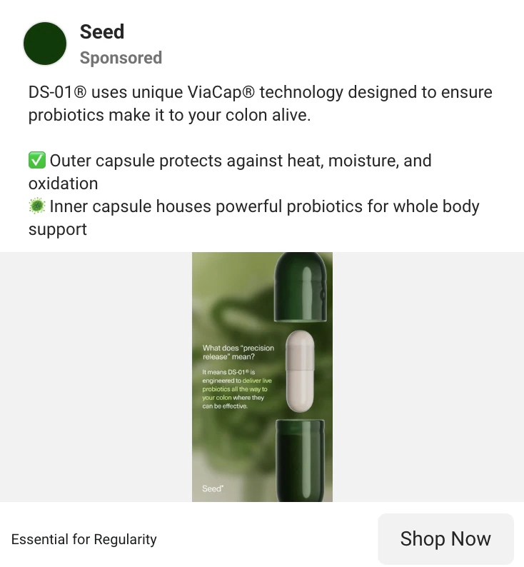 Seed Meta ad: What does precision release mean? capsule-in-capsule visual