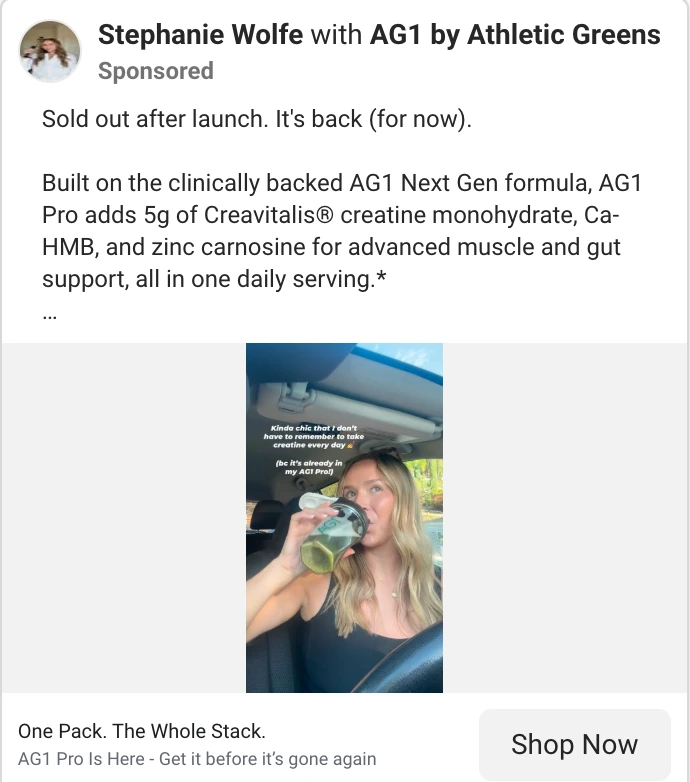 AG1 Meta ad with creator Stephanie Wolfe drinking AG1 Pro in a car